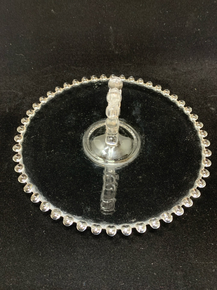 VTG CUT GLASS TRAY W/BEADED EDGE AND HEART HANDLE.