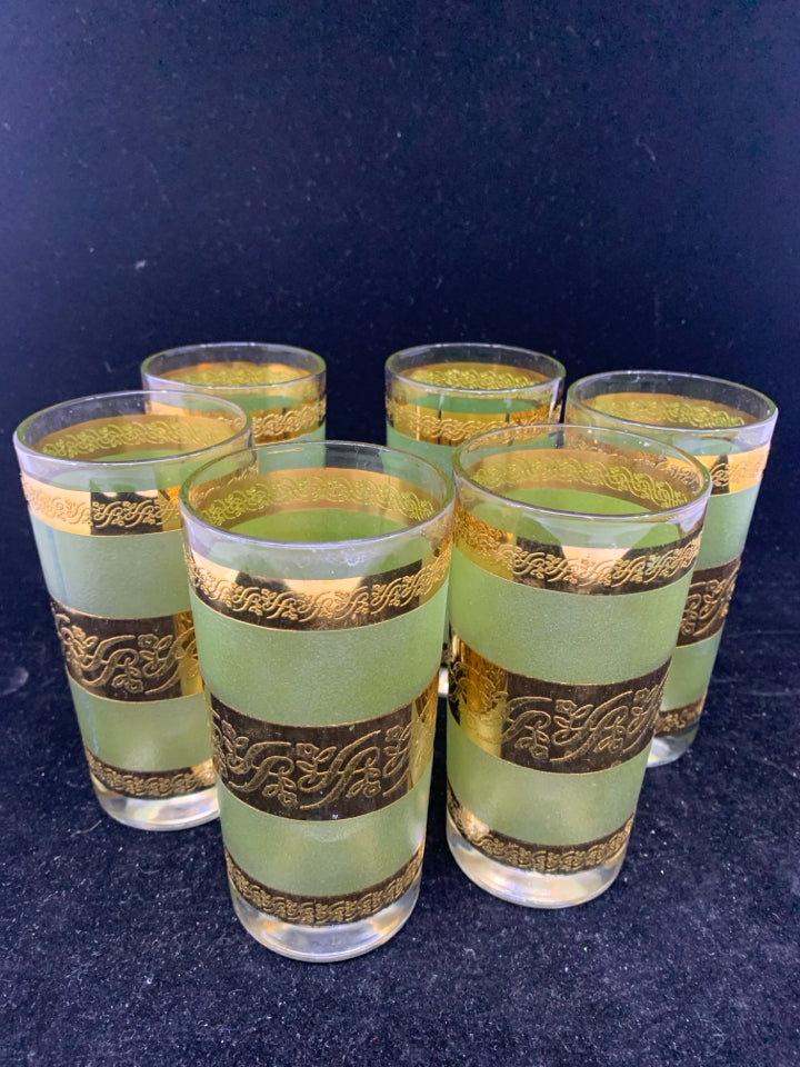 6PC GREEN+GOLD CULVER STARLYTE HIGHBALL GLASSES.