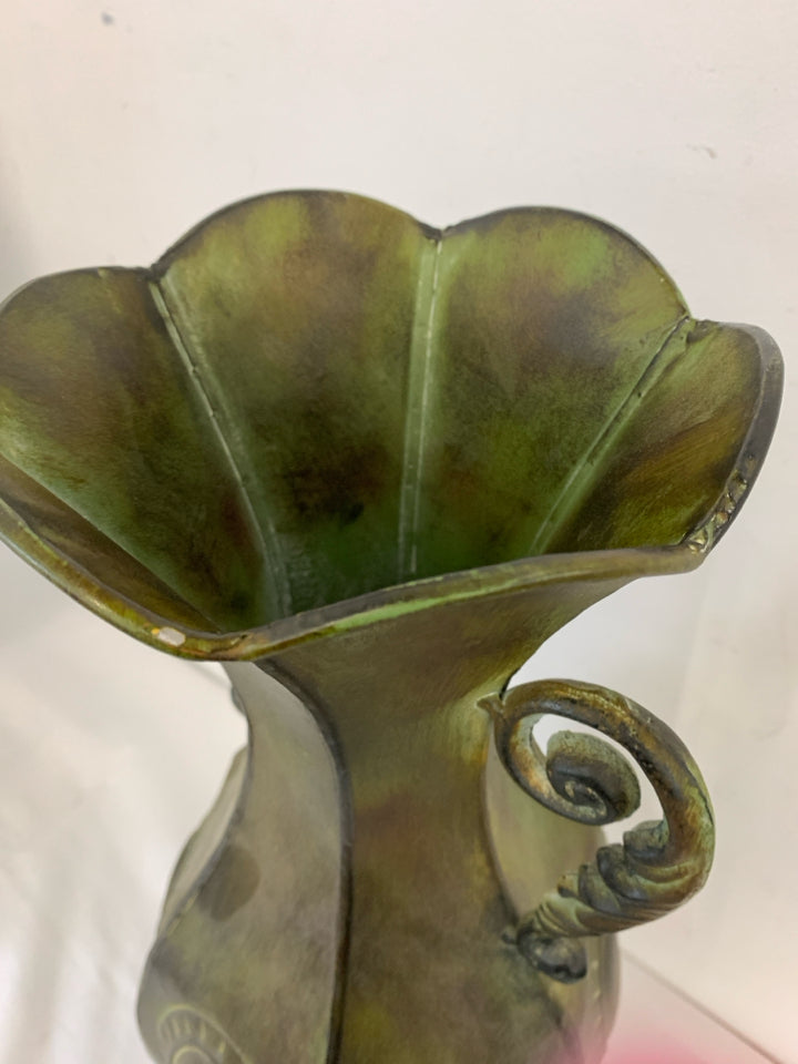 FOOTED GREEN AND BROWN TIN FLARED TOP VASE W HANDLES.