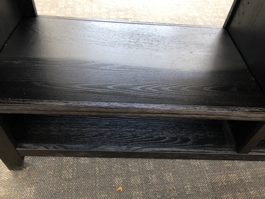 DARK WOOD TV CONSOLE W/2 SHELVES.