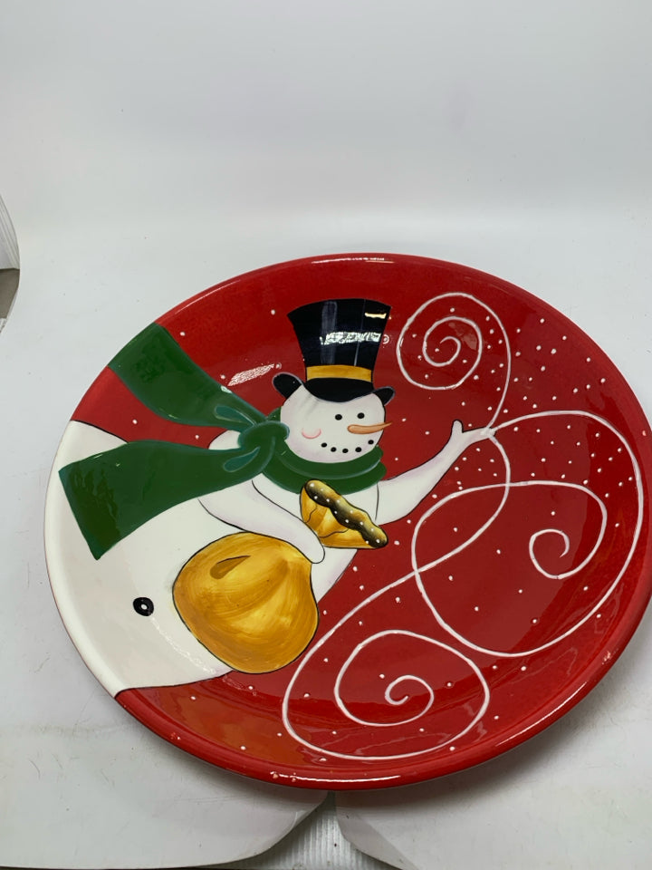 DANSK RED LARGE SERVING BOWL W/ PAINTED SNOWMAN.