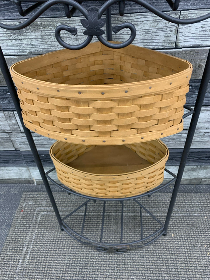 WROUGHT IRON CORNER SHELF W/2 BASKETS.