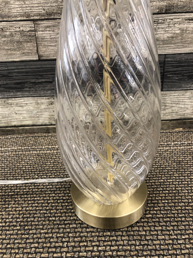 SWIRLED GLASS BASE LAMP W WHITE SHADE.