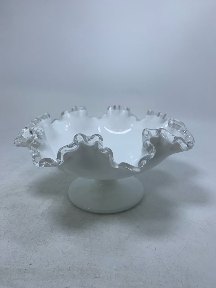 FOOTED MILK GLASS BOWL W/ RUFFLED EDGE.