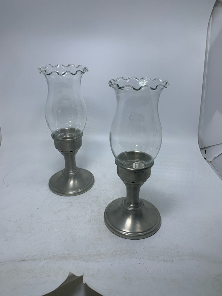 4 PC PEWTER BASE W/ GLASS INSERTS TAPERED CANDLE HOLDERS.