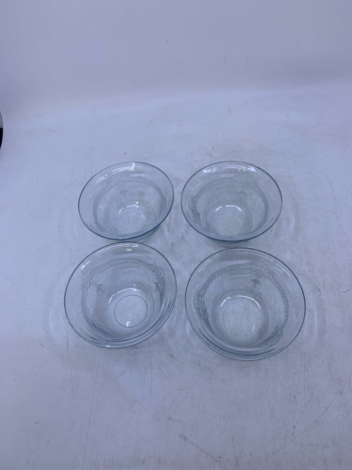 4 BLUE TINTED EMBOSSED DETAIL SAUCE BOWLS.