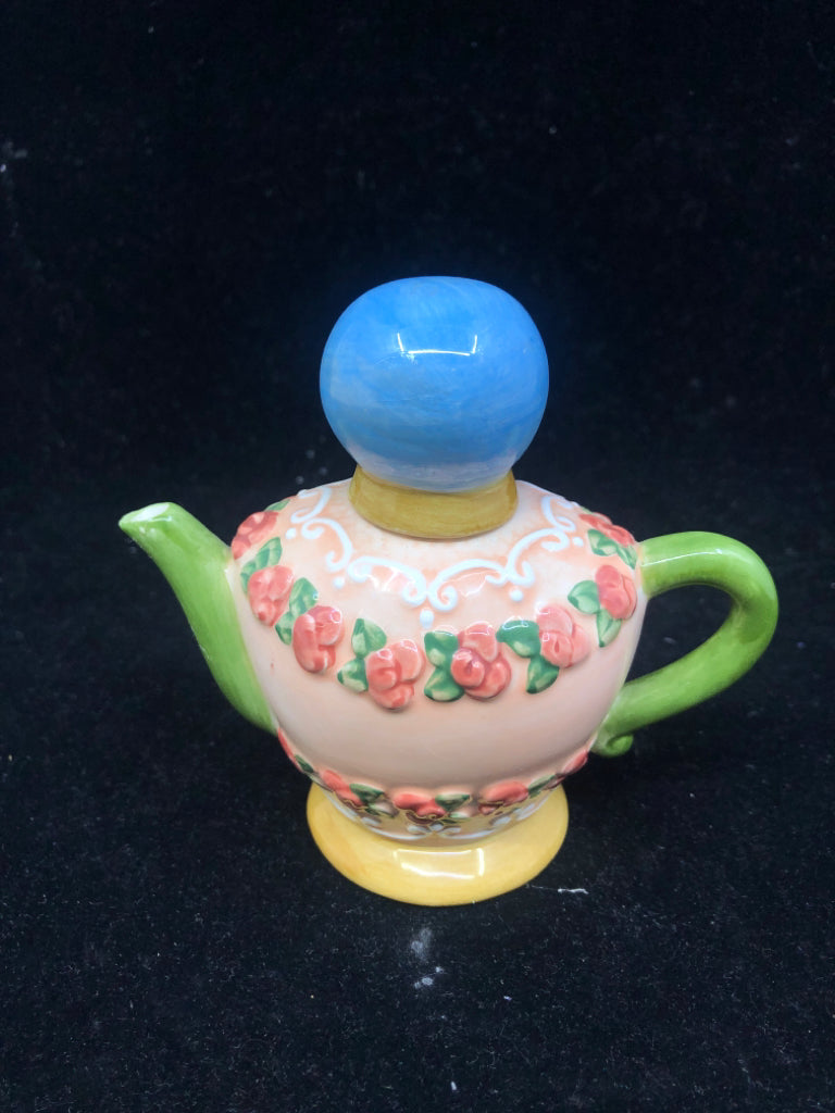 PINK ROSE TEAPOT W/BLUE STOPPER.