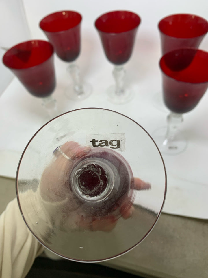 6 RED WINE GOBLETS W/ CLEAR STEMS.