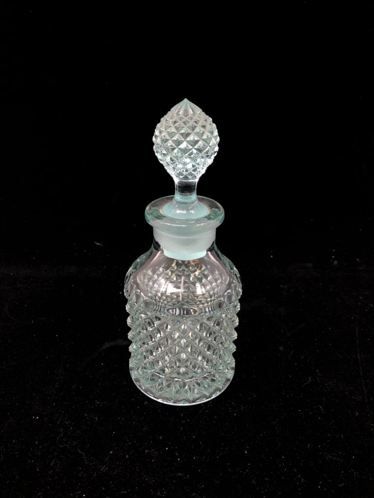 AQUA BLUE ENGLISH HOBNAIL STYLE GLASS EMPTY BOTTLE W/STOPPER.