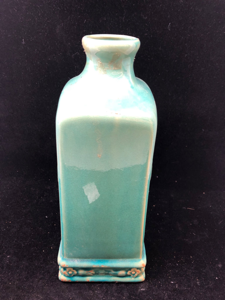 TEAL CERAMIC VASE W/ EMBOSSED MEDAILION RUSTIC LOOK.