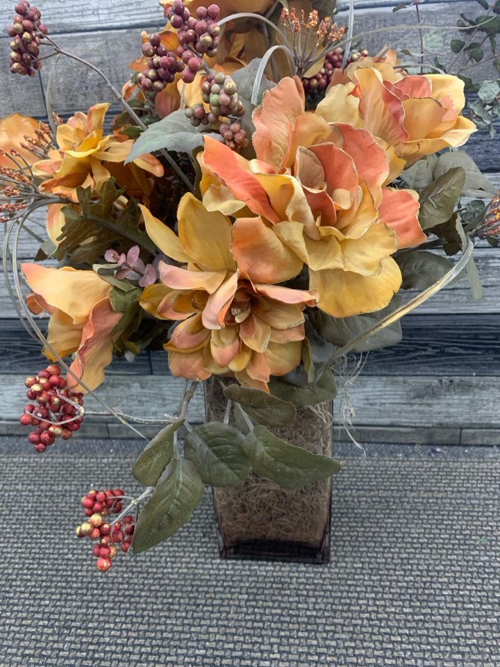 FAUX FLORAL IN SQUARE VASE.