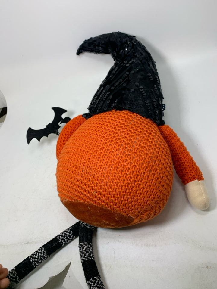 LARGE PLUSH GNOME W/ ORANGE SWEATER HOLDING BATS.