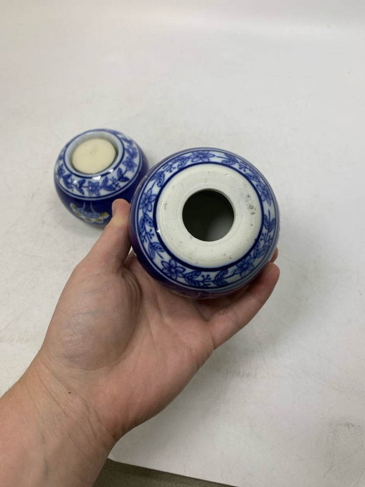 2 COBALT BLUE FLORAL CERAMIC ASIAN STYLE TEA LIGHT HOLDERS.