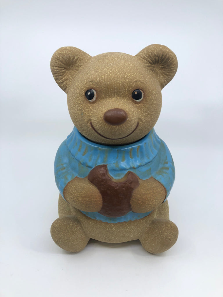 VTG TEDDY BEAR W/ BLUE SWEATER COOKIE CHAIR POPPYTAIL.