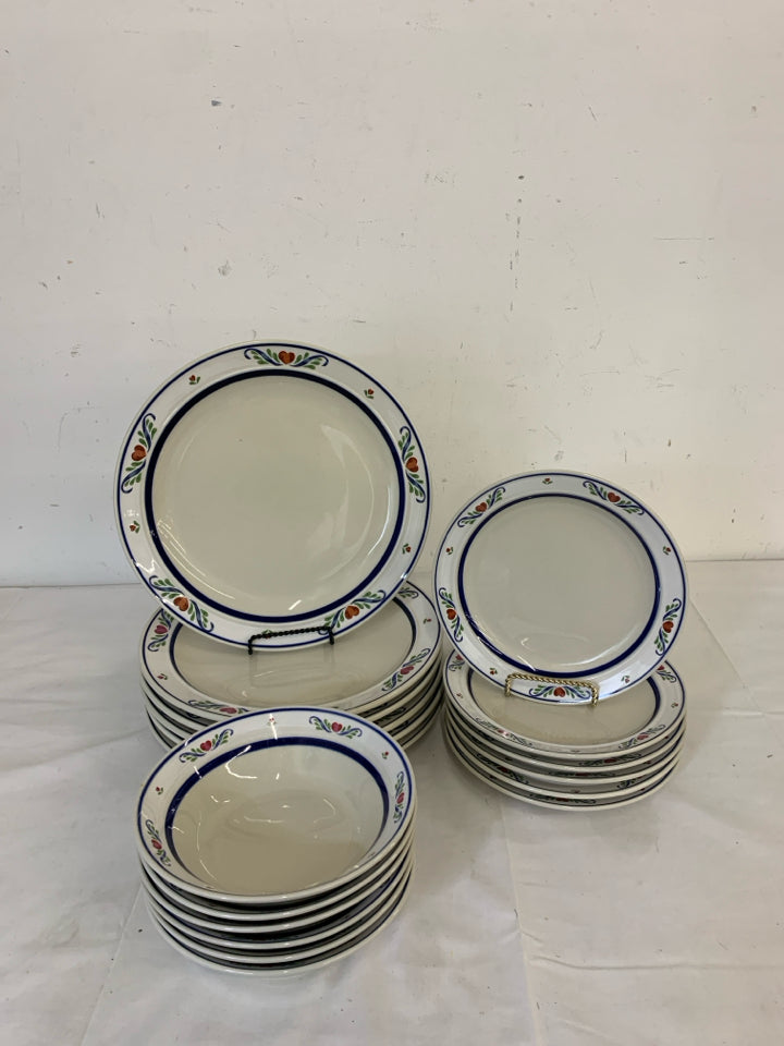 18PC BLUE AND RED HEART PATTERN DISH SET - 6 BOWLS, 6 DINNER PLATES, 6 LUNCH PLA