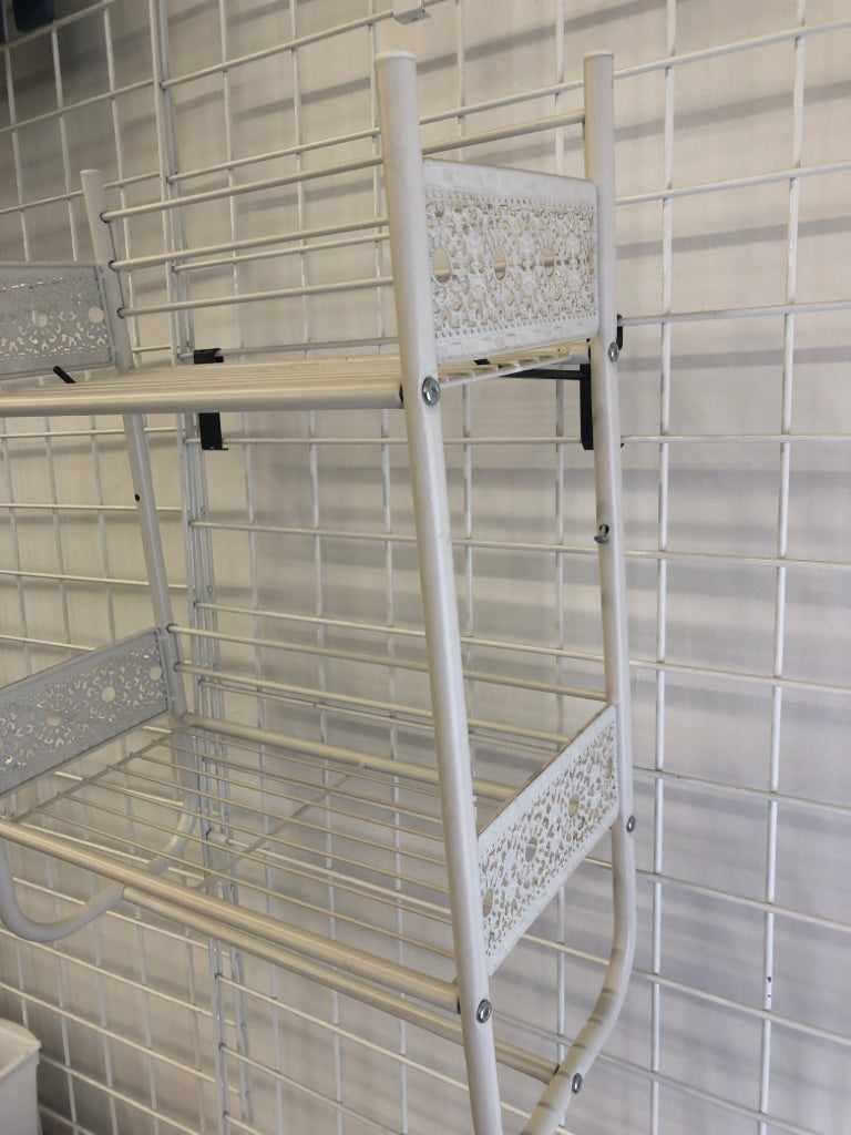 WHITE METAL 2 TIER SHELF W/ LACE DETAIL SIDES/ TOWEL RACK.