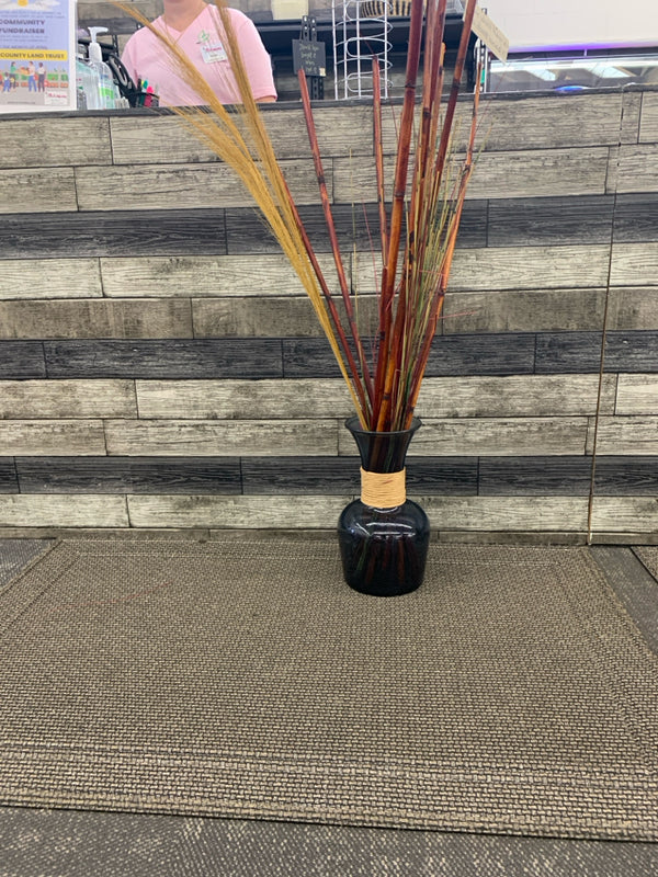 BLUE GLASS WRAPPED NECK VASE W/ RED FAUX BAMBOO.