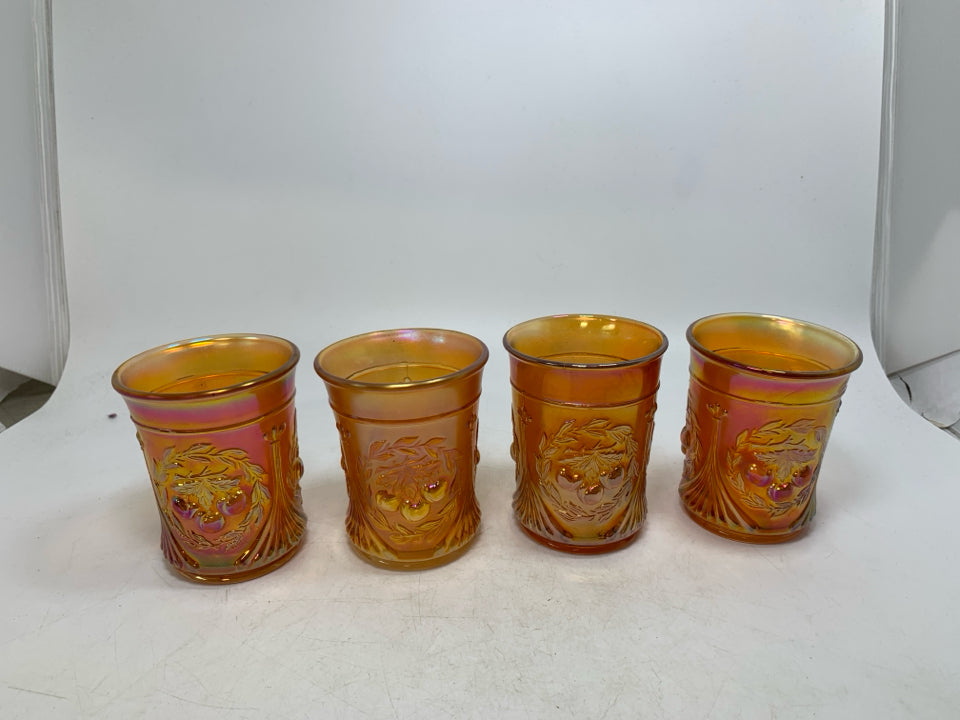 4 VTG CARNIVAL GLASS MARIGOLD EMBOSSED CHERRIES JUICE TUMBLERS.