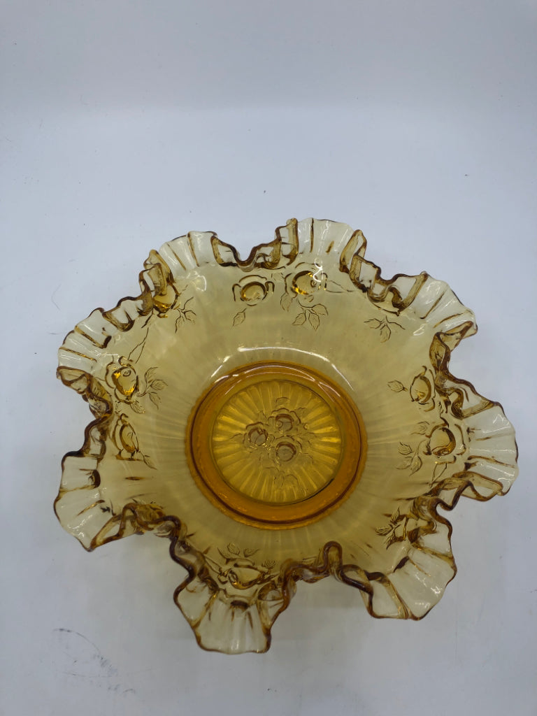 VTG AMBER GLASS BOWL W/ EMBOSSED FLOWERS RUFFLED EDGE.