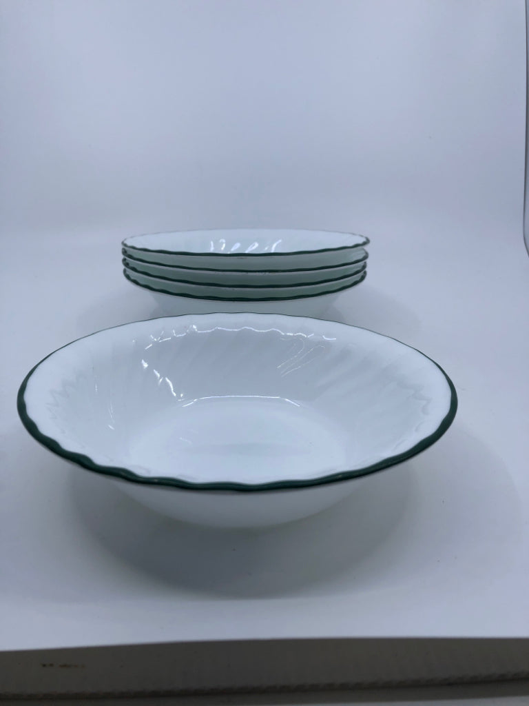 5 WHITE W GREEN RIM CORELLE BOWLS.