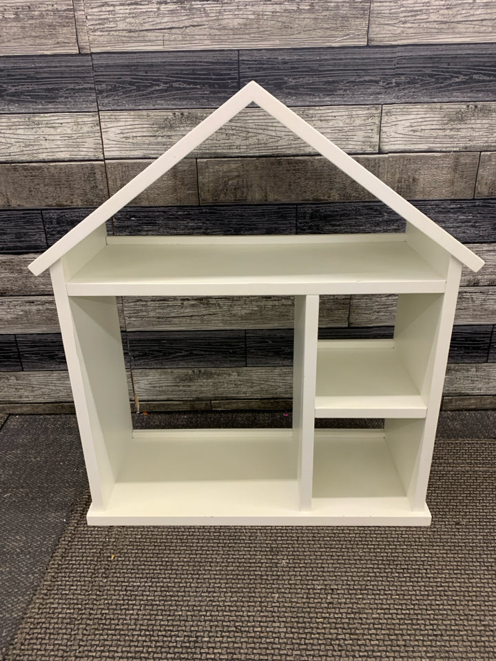 WHITE WOOD HOUSE SHAPED KIDS BOOK SHELF.