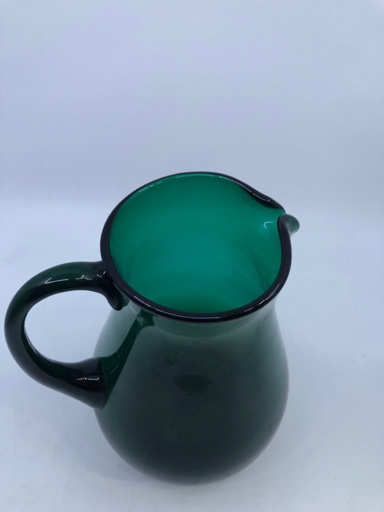 GREEN BLOWN GLASS PITCHER.