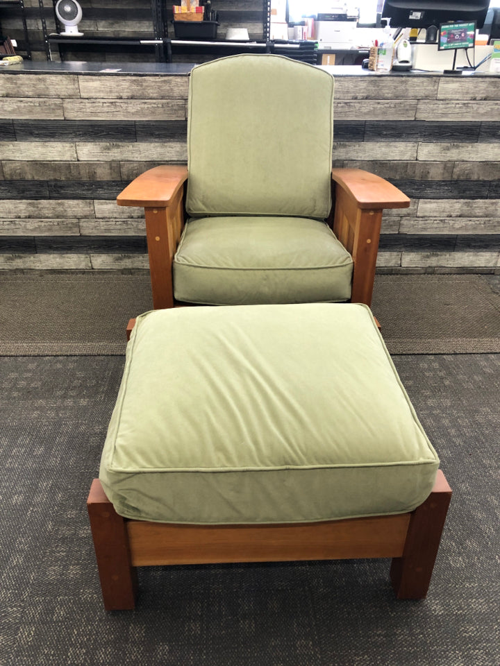 OAK WOOD W/ GREEN CUSHION POUCH CHAIR W/ OTTOMAN.