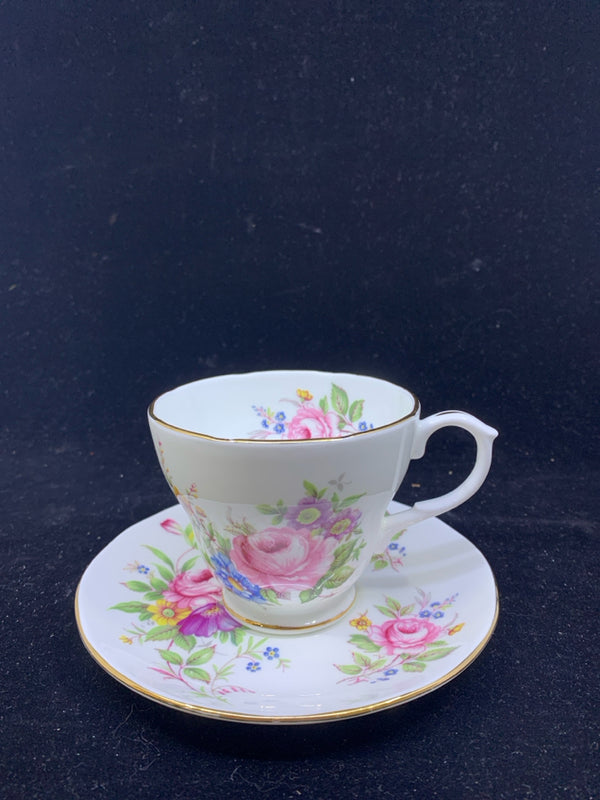 PINK, PURPLE, YELLOW FLOWERS AND GOLD RIM CUP & SAUCER.