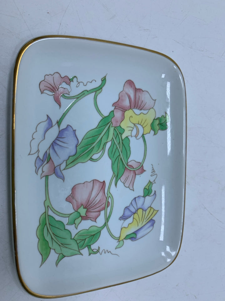 SMALL RECTANGLE PORCELAIN CATCH ALL W/ PINK YELLOW PURPLE FLOWERS.
