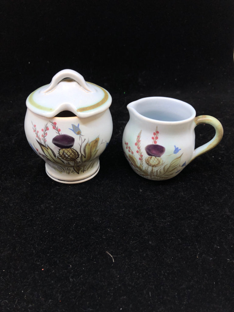 BLUE/GREEN POTTERY PAINTED CREAMER AND SUGAR.