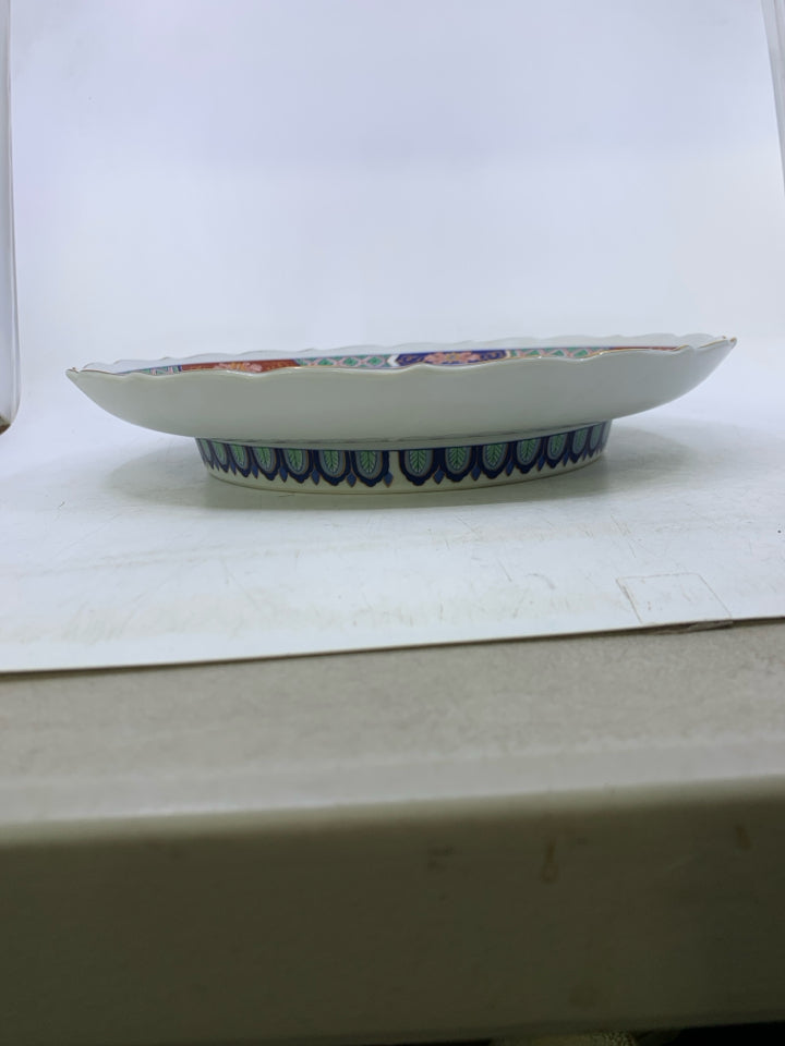 HEAVY FOOTED COLORFUL ASIAN STYLE SHALLOW BOWL W/ GOLD EDGE.