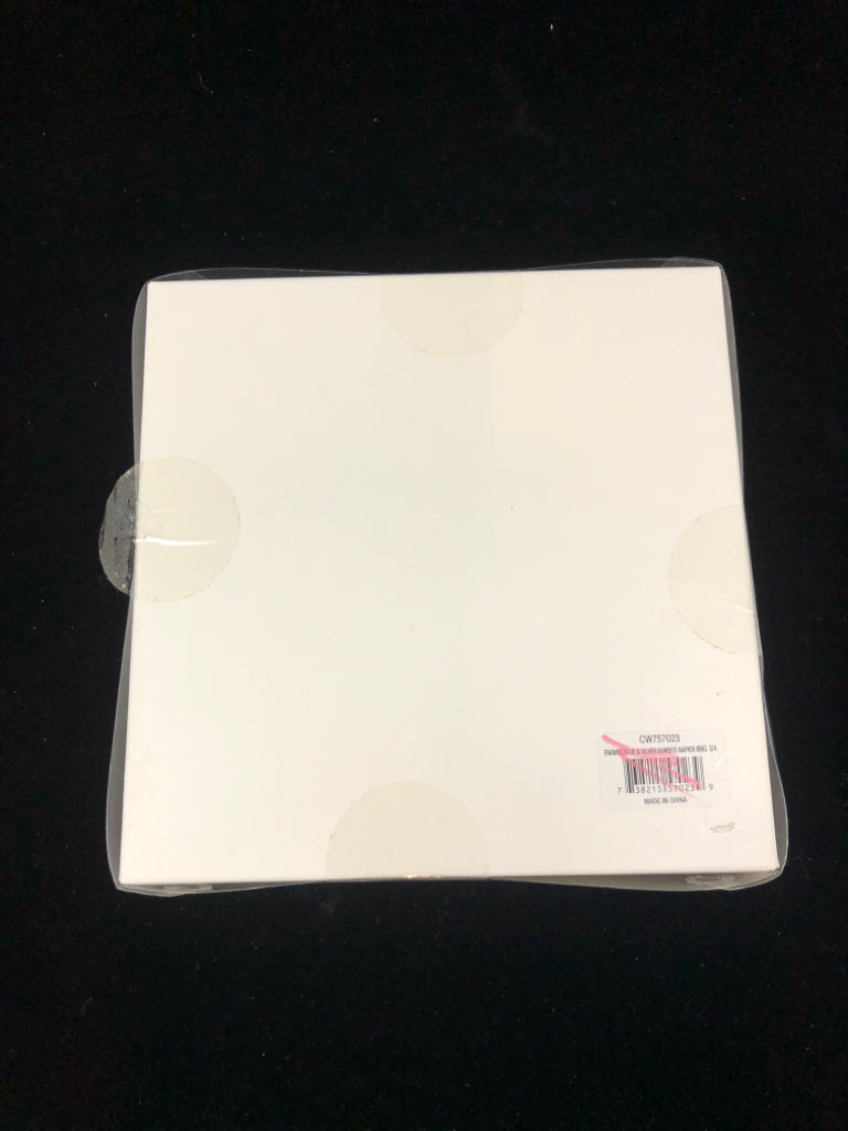 NIP 4PC ENAMEL BLUE&SILVER BAMBOO NAPKIN RING SET.