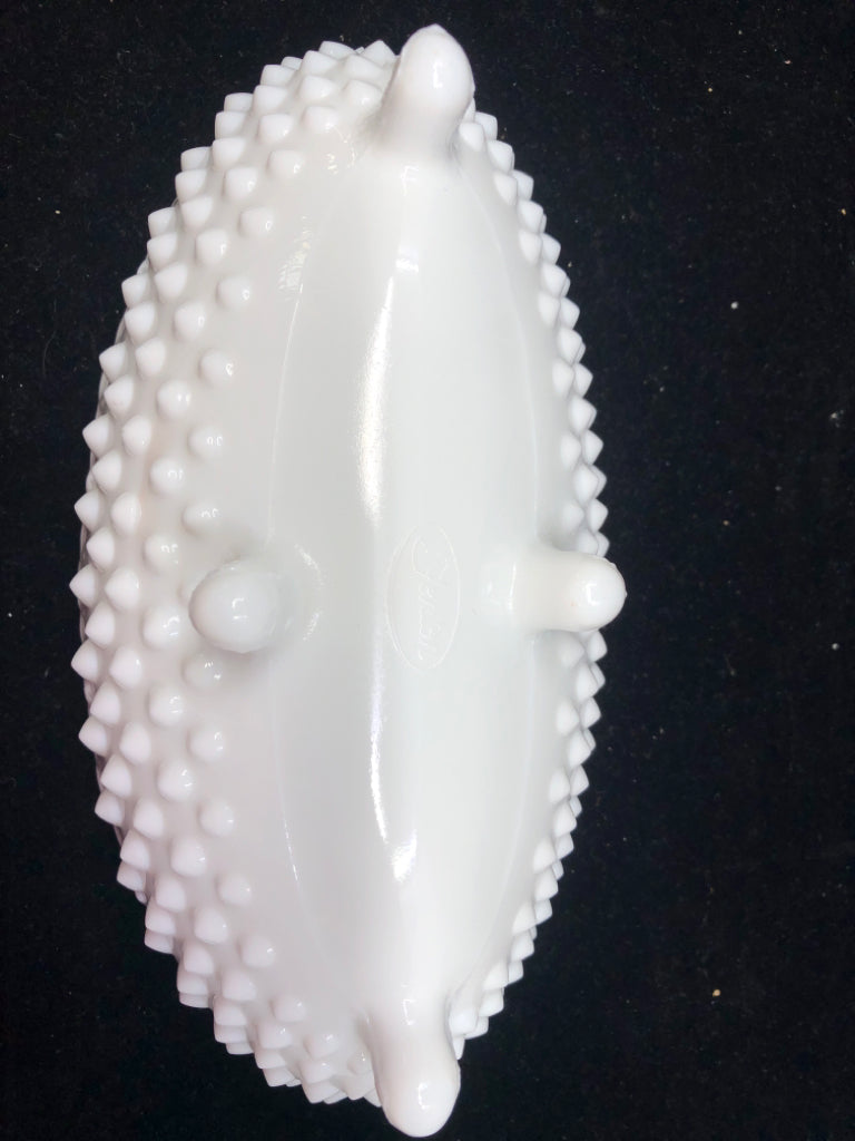 VTG OVAL FOOTED HOBNAIL MILK GLASS DISH.