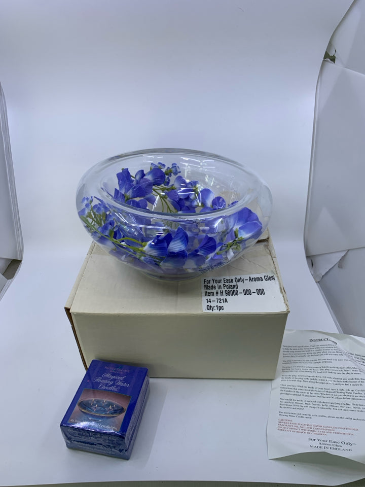 MAGICAL FLOATING WATER CANDLE SET W/ DECORATIVE BOWL AROMA GLOW MADE IN ENGLAND.
