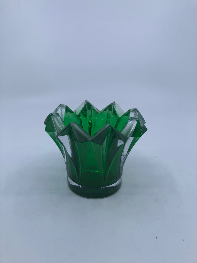 GREEN HEAVY SAWTOOTH EDGE VOTIVE CANDLE HOLDER.