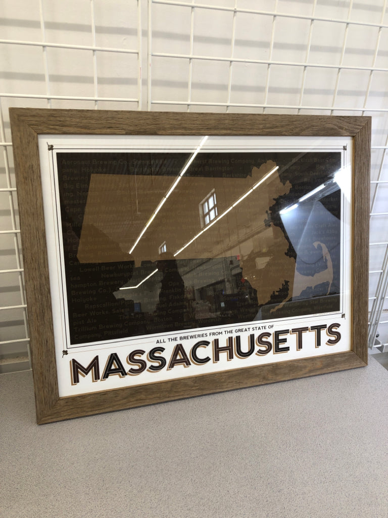 MASSACHUSETTS BREWERIES PRINT IN WOOD FRAME.
