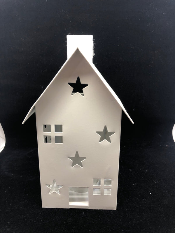 WHITE METAL HOUSE CANDLE HOLDER/LANTERN.