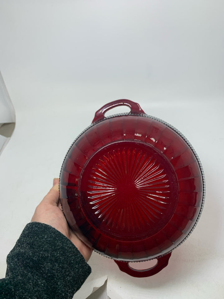 VTG DARK RED GLASS BOWL W/ HANDLES.