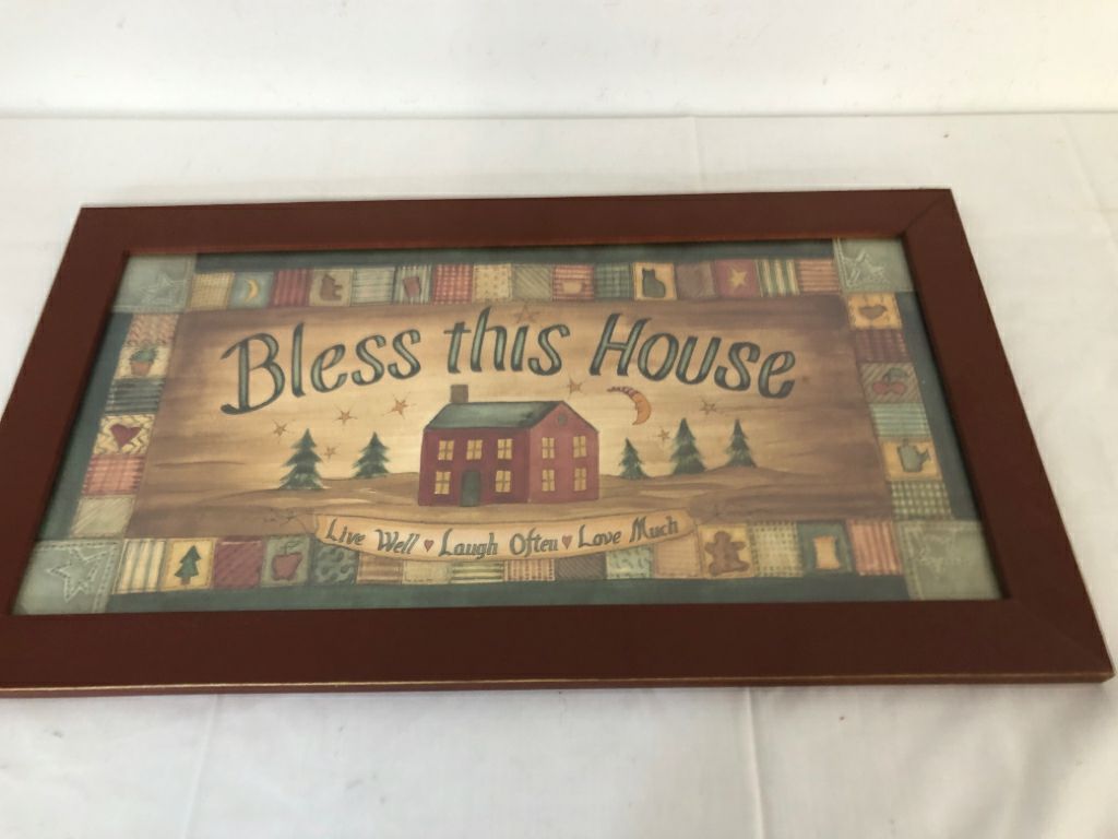 BLESS THIS HOUSE RECTANGLE PRIMITIVE WALL HANGING.