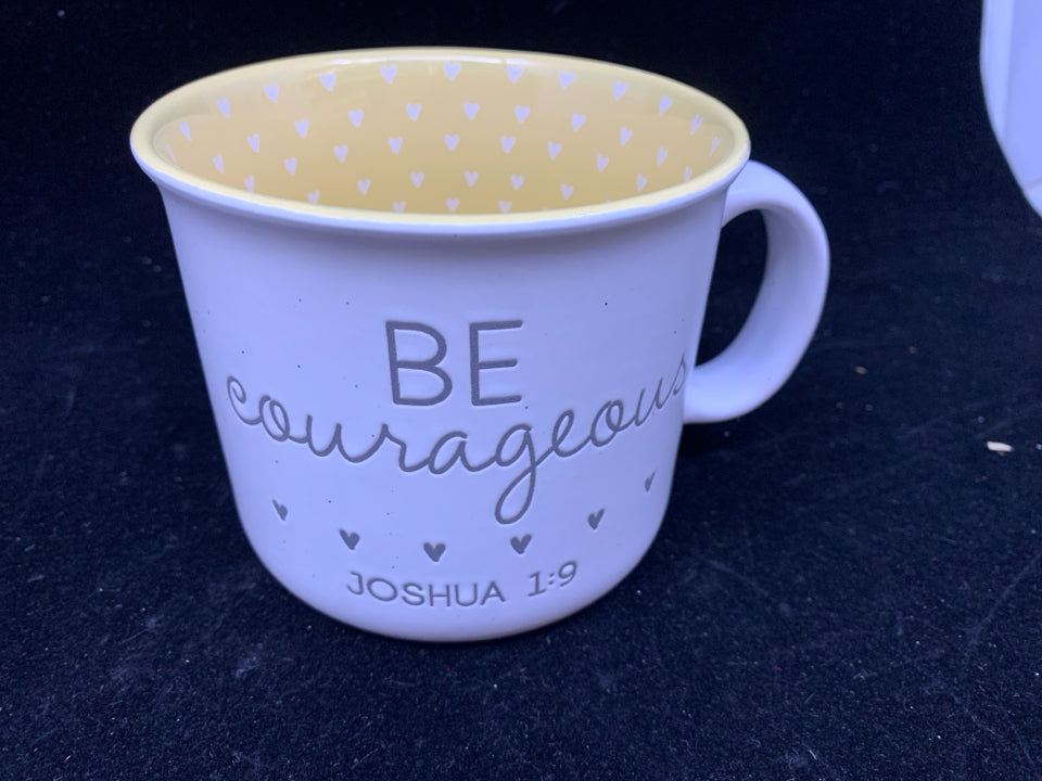 BE COURAGEOUS MUG W/ YELLOW INSIDE.