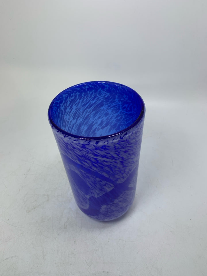 DARK BLUE BLOWN GLASS VASE W/ WHITE SPECKLES.