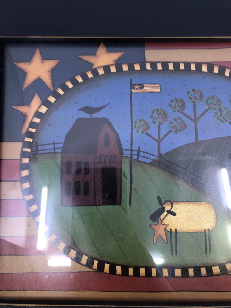 FRAMED COLONIAL HOME WITH SHEEP PRINT.
