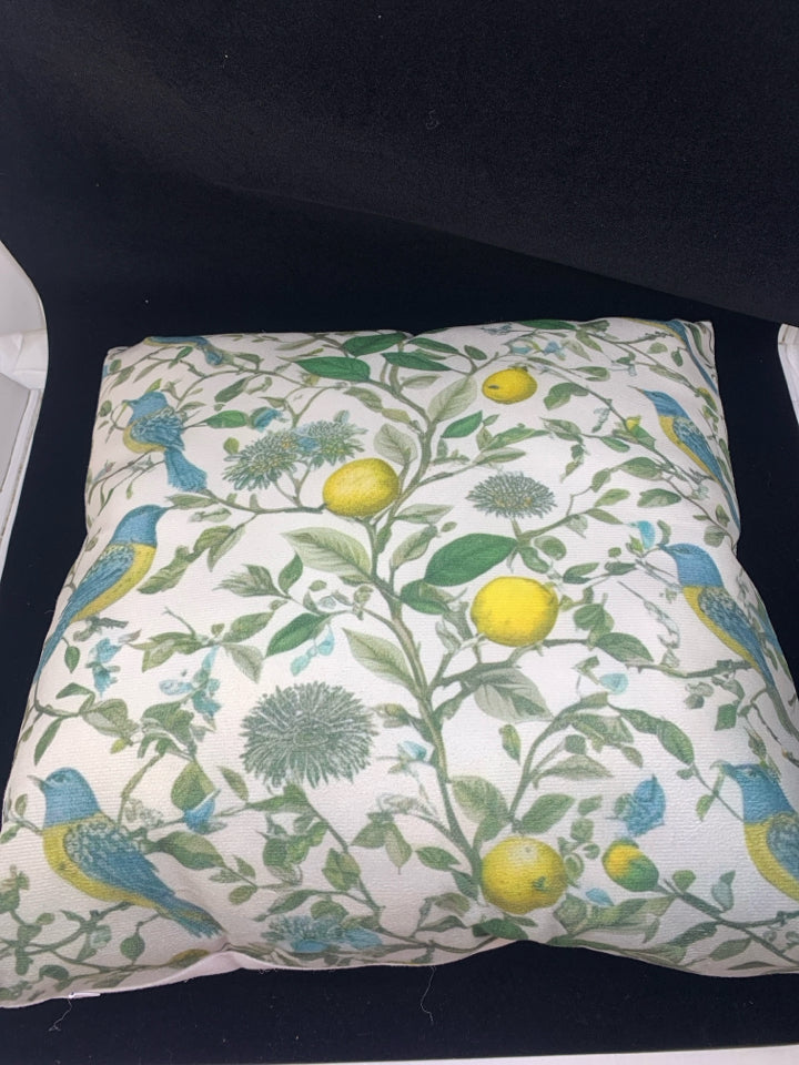 BIRDS ON TWIGS W LEMONS SQUARE PILLOW.