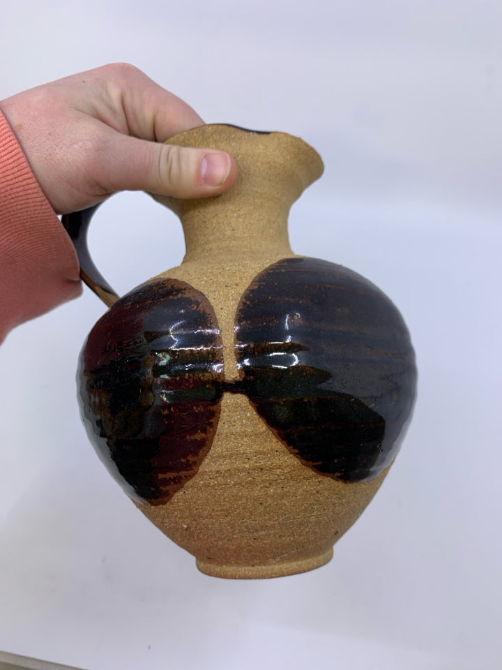 MATTE TAN PITCHER W/ LARGE DARK BROWN SPOTS/INSIDE.