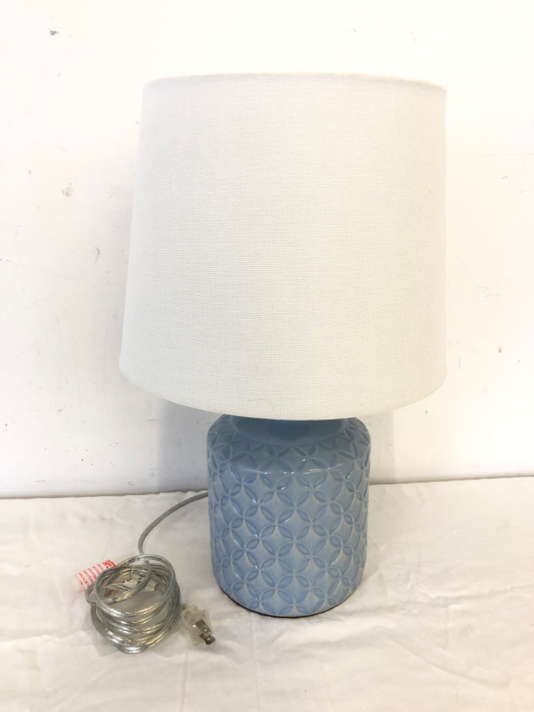 LIGHT BLUE BASE LAMP W WHITE SHADE.