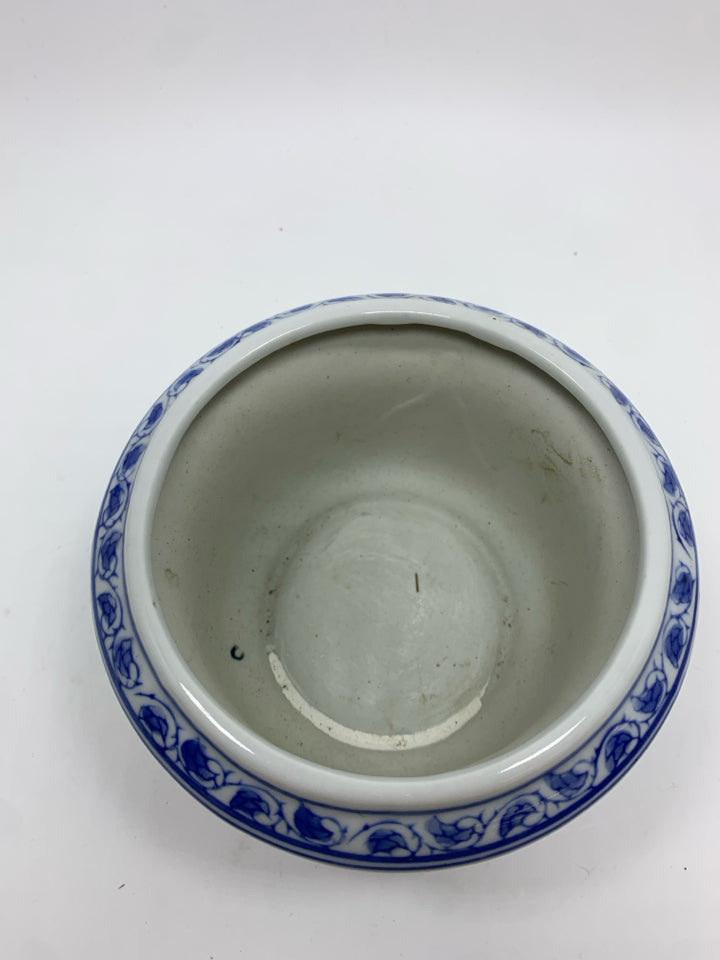 BLUE FLOWER PAINTED CERAMIC POT.