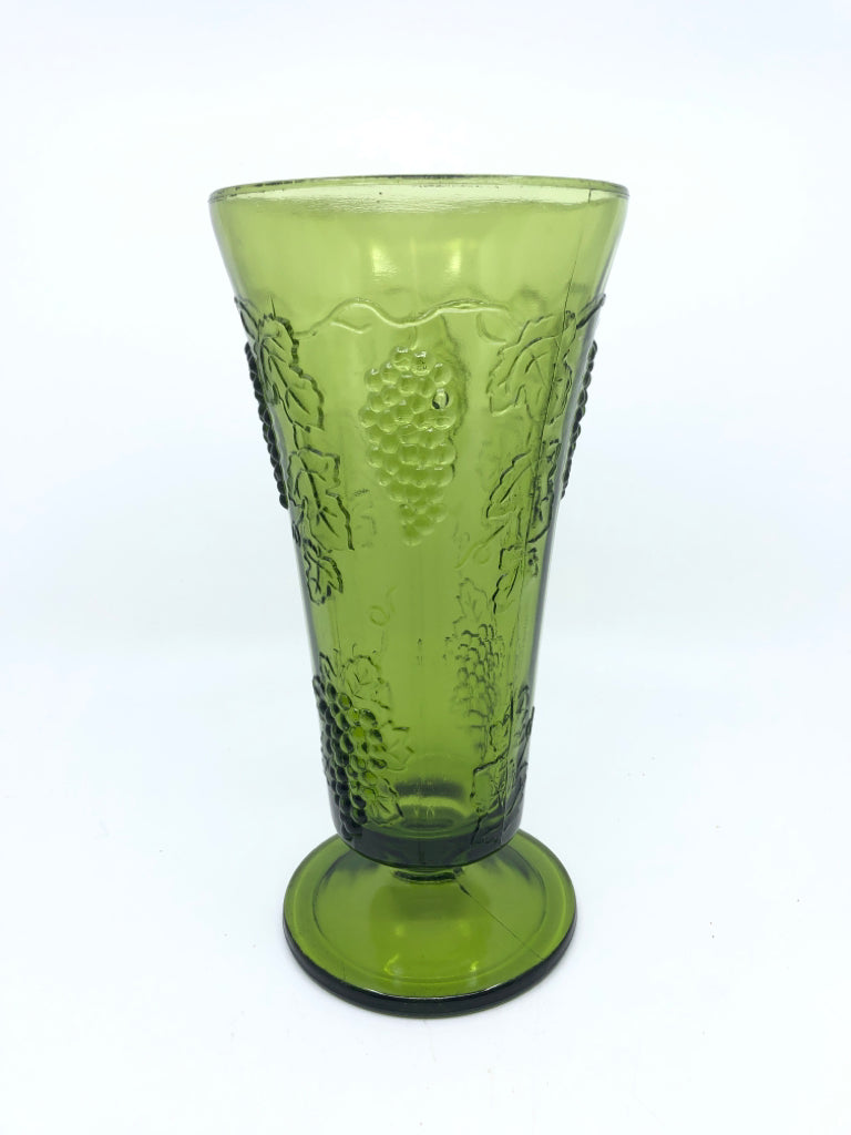 VTG FOOTED GREEN GRAPES EMBOSSED VASE.