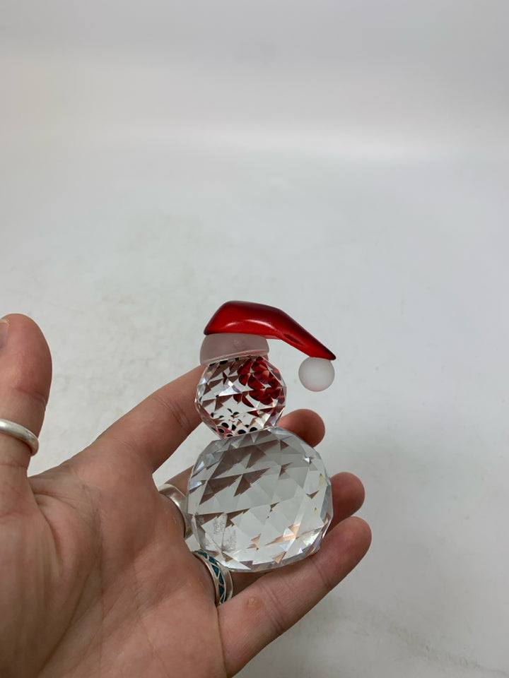 TEXTURED GLASS SNOWMAN W/ SANTA HAT.