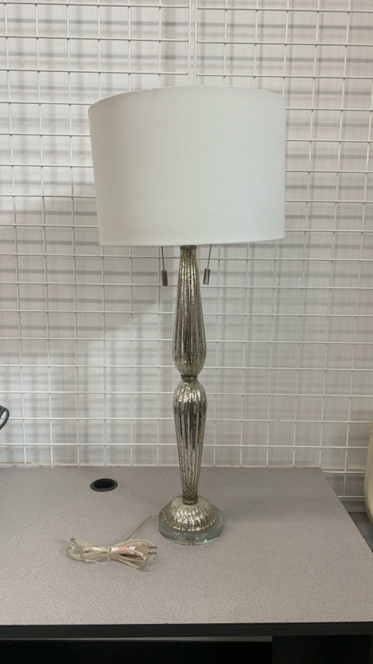 MERCURY GLASS BASE LAMP W/WHITE SHADE.