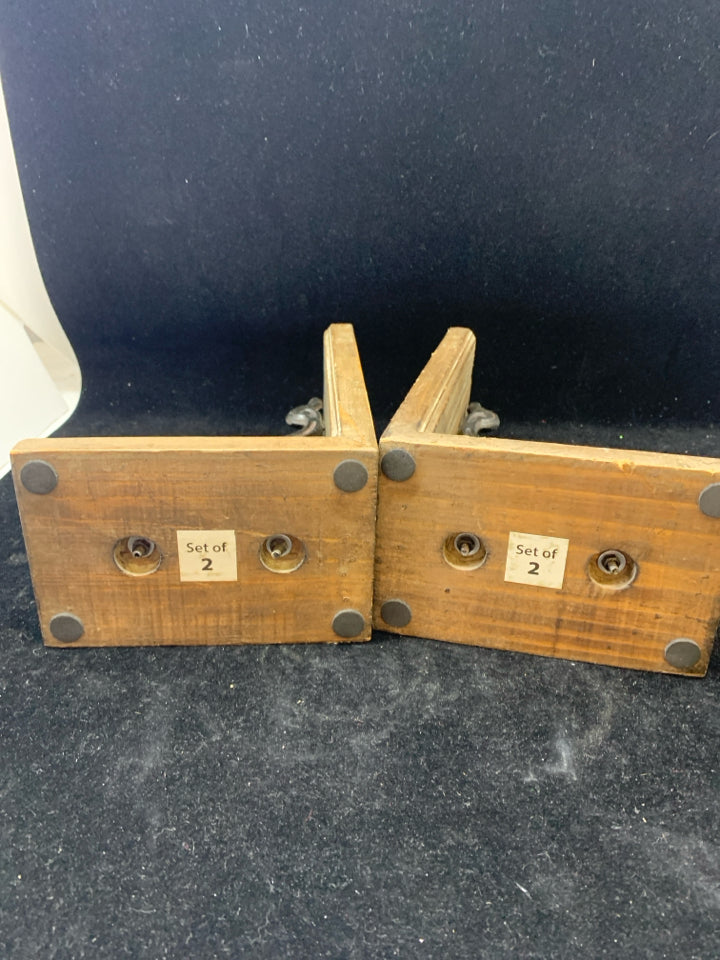 2 DARK WOOD BOOKENDS W/ METAL SCROLL.